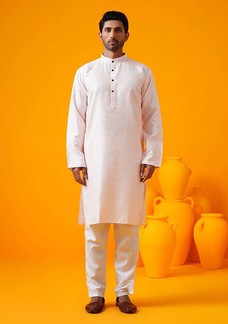 Pink Embroidered Poly Blend Kurta For Men - Indya