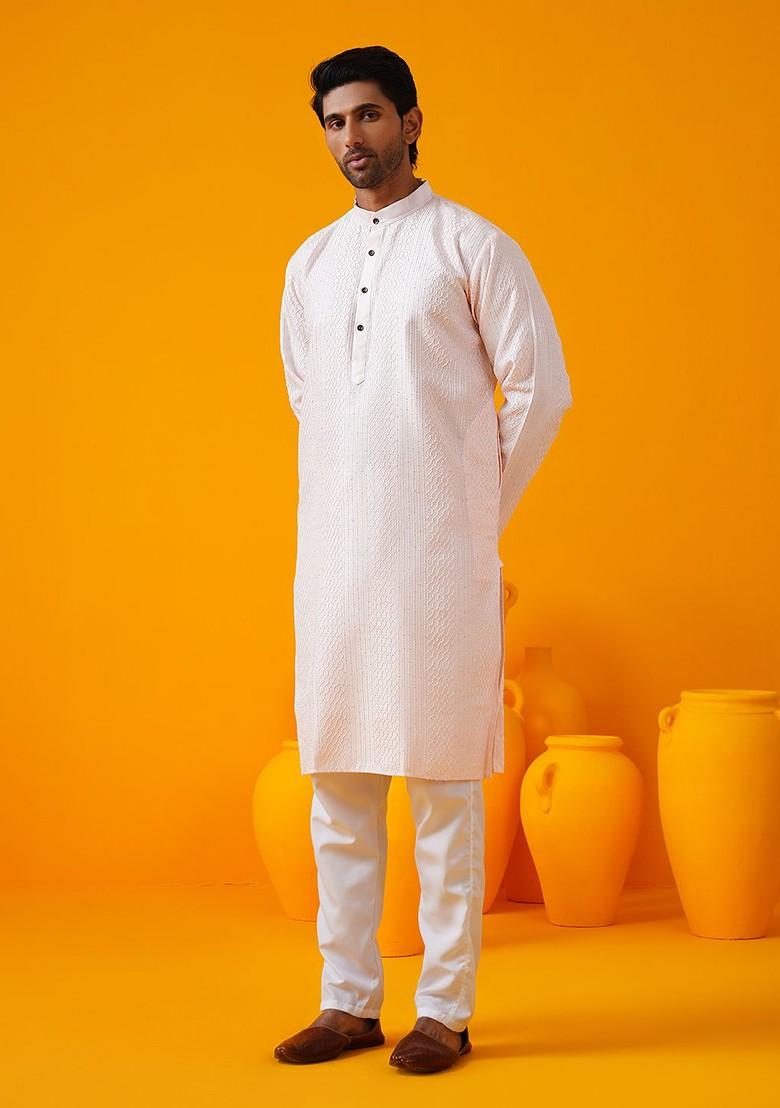 Pink Embroidered Poly Blend Kurta For Men