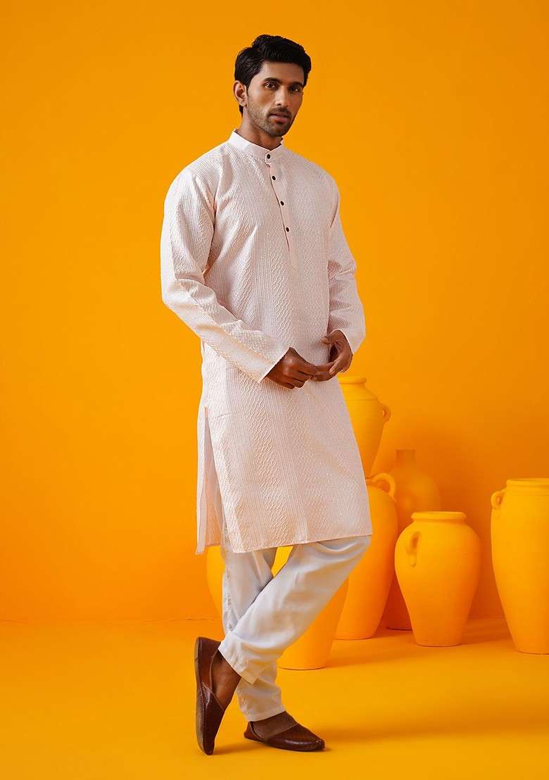 Pink Embroidered Poly Blend Kurta For Men - Indya