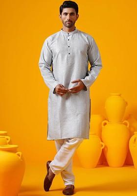 Grey Thread Work Poly Blend Kurta For Men