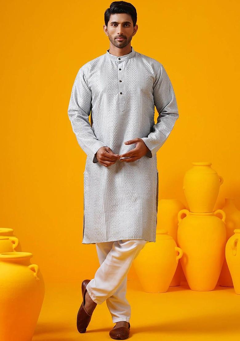 Grey Thread Work Poly Blend Kurta For Men