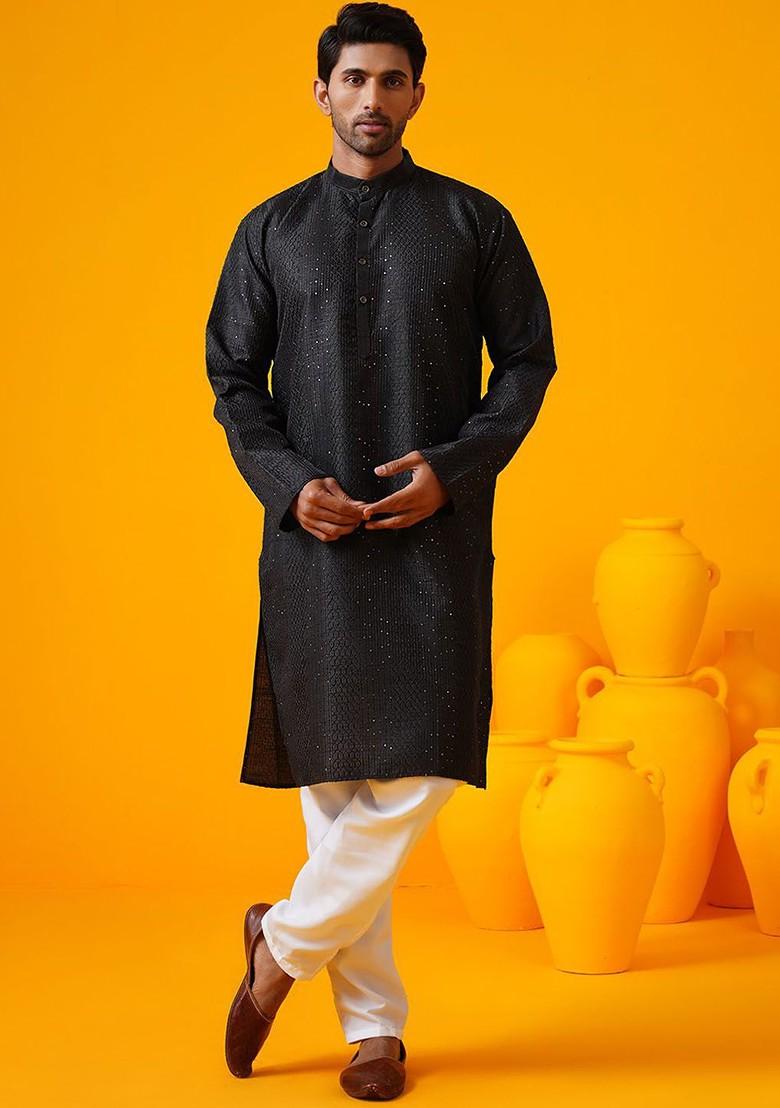 Black Thread Work Poly Blend Kurta For Men