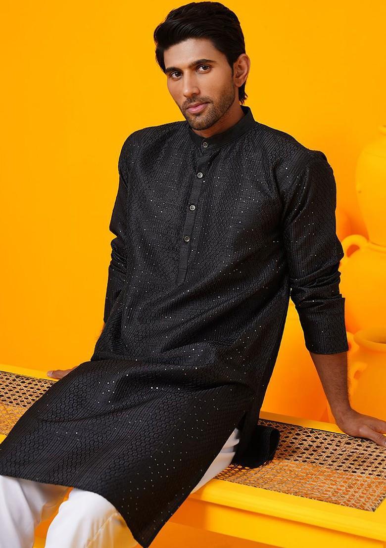 Black Thread Work Poly Blend Kurta For Men