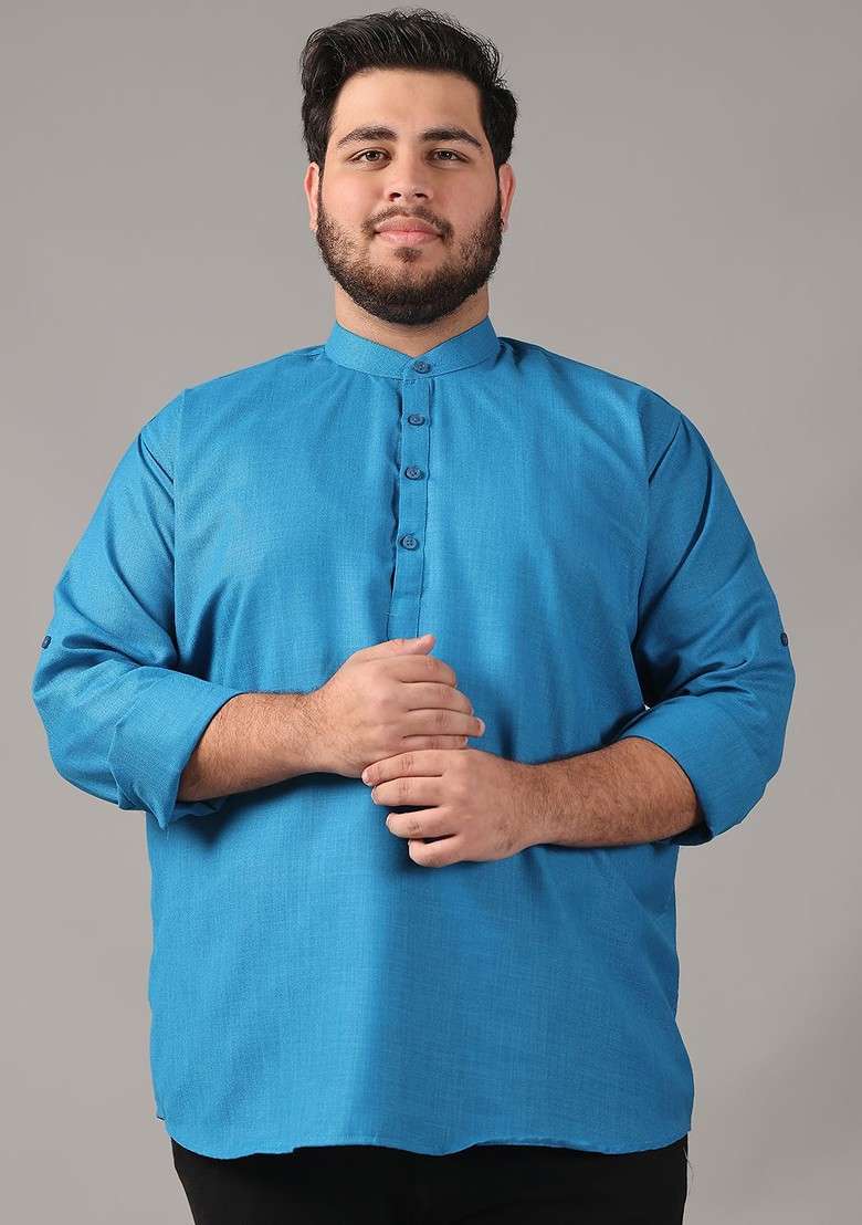 Blue Solid Cotton Kurta For Men - Indya