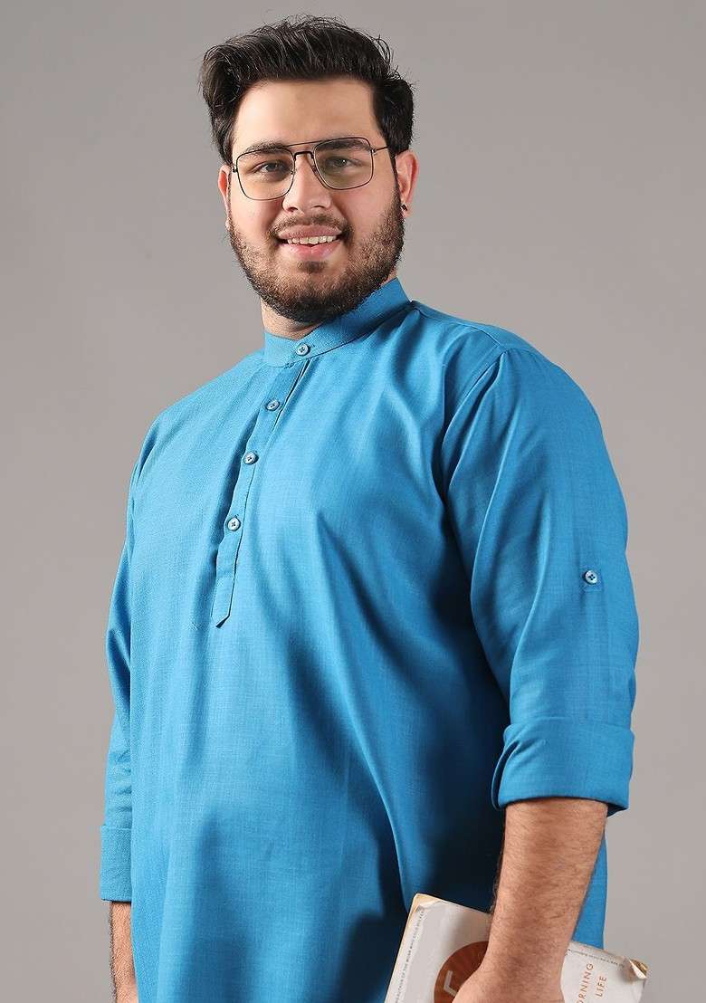 Blue Solid Cotton Kurta For Men - Indya