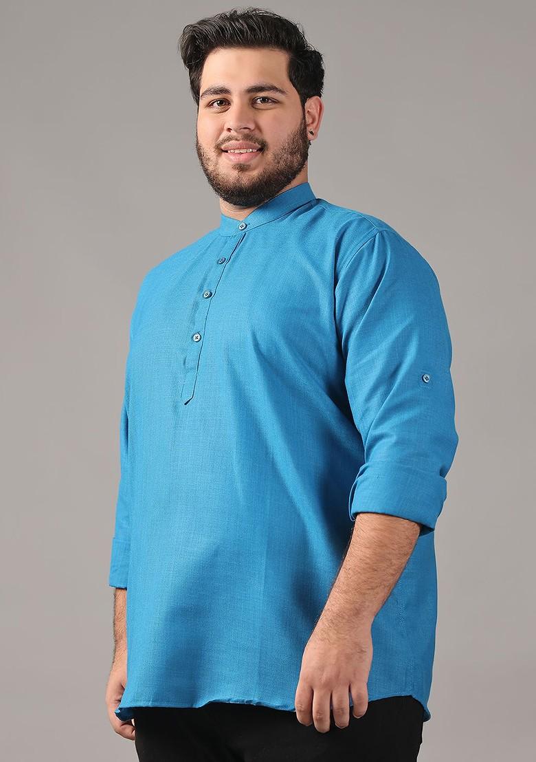 Blue Solid Cotton Kurta For Men