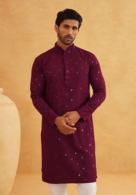 Burgundy Embroidered Cotton Kurta For Men