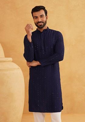 Navy Blue Embroidered Cotton Kurta For Men