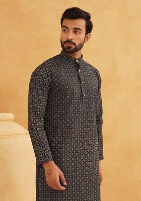 Black Printed Poly Blend Kurta For Men