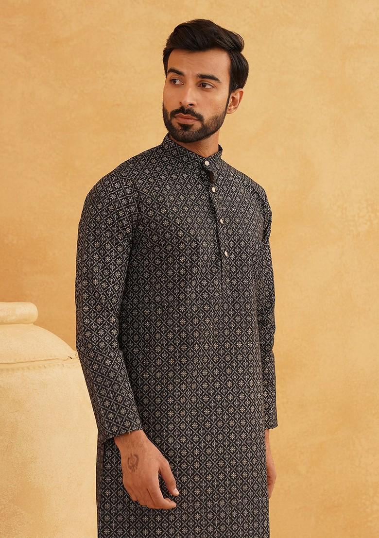 Black Printed Poly Blend Kurta For Men