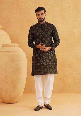 Black Printed Poly Blend Kurta For Men