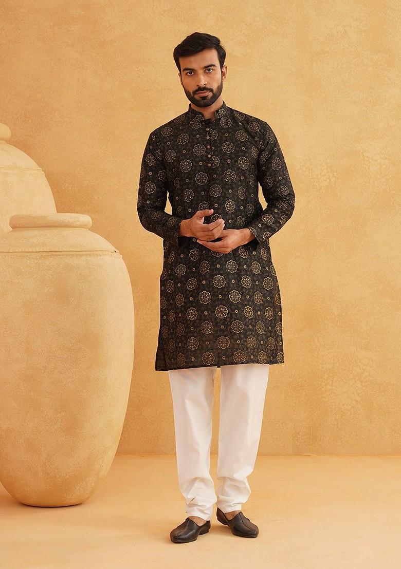 Black Printed Poly Blend Kurta For Men