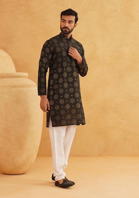Black Printed Poly Blend Kurta For Men
