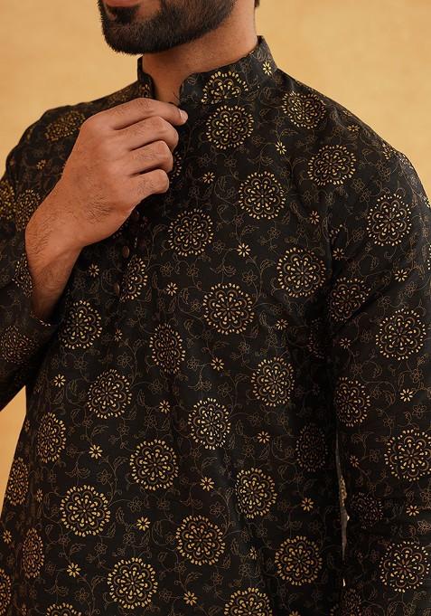 Black Printed Poly Blend Kurta For Men