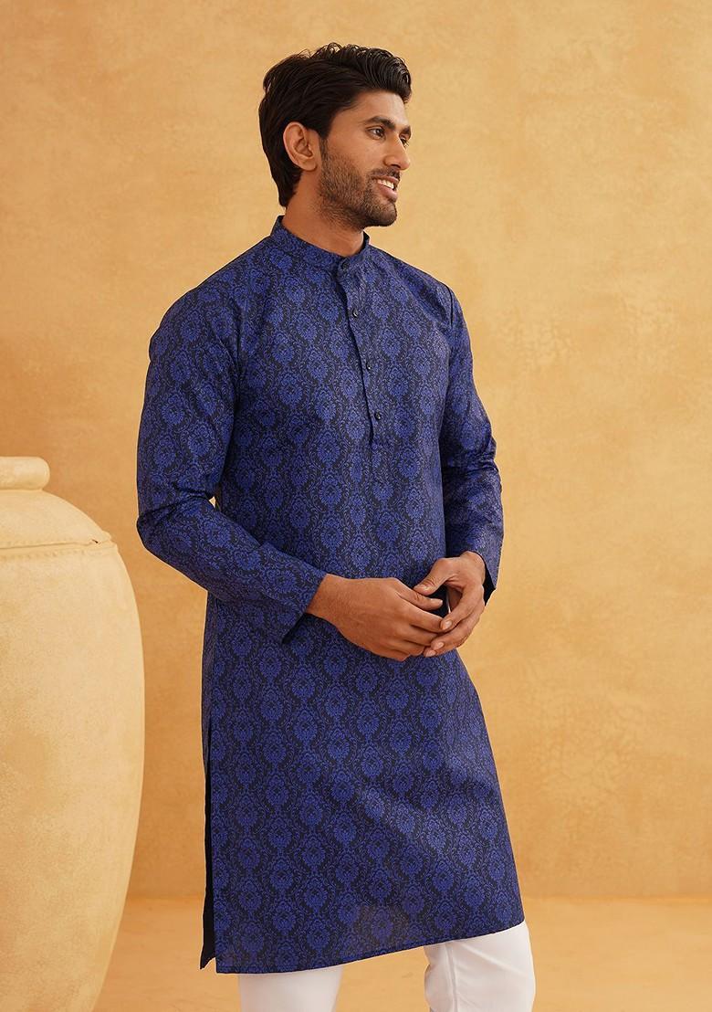 Black Ethnic Motifs Poly Blend Kurta For Men