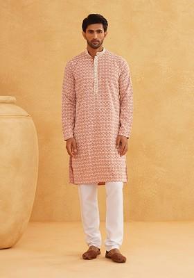 Peach Embroidered Cotton Kurta For Men