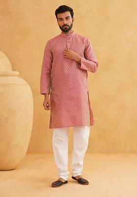 Pink Ethnic Motifs Poly Blend Kurta For Men