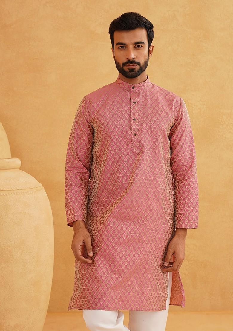Pink Ethnic Motifs Poly Blend Kurta For Men