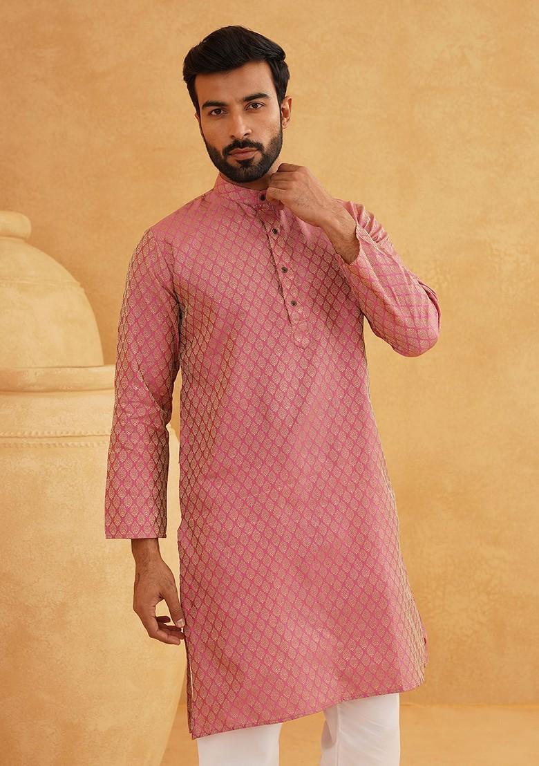 Pink Ethnic Motifs Poly Blend Kurta For Men