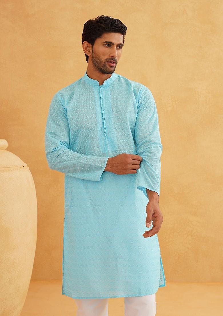 Blue Embroidered Cotton Kurta For Men