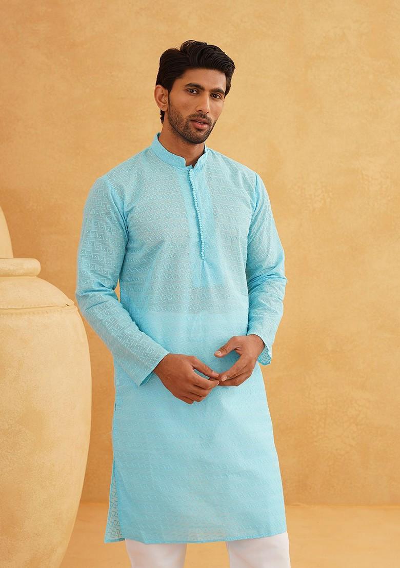 Blue Embroidered Cotton Kurta For Men