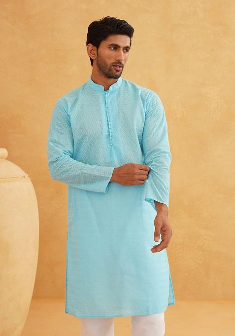 Blue Embroidered Cotton Kurta For Men