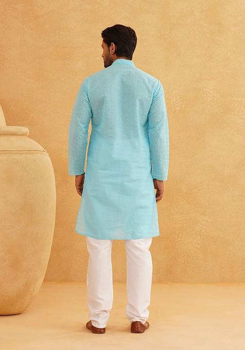 Blue Embroidered Cotton Kurta For Men