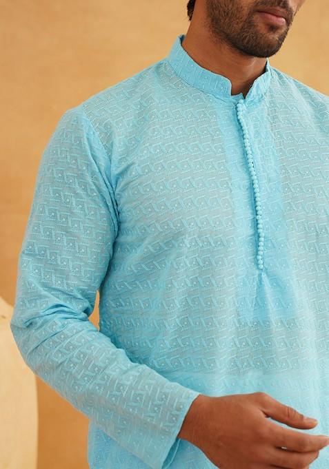 Blue Embroidered Cotton Kurta For Men