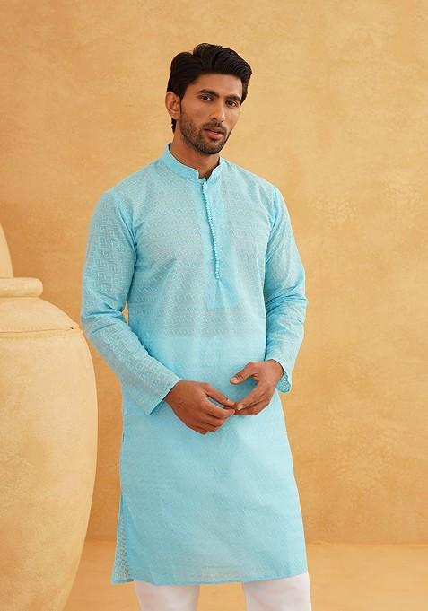 Blue Embroidered Cotton Kurta For Men