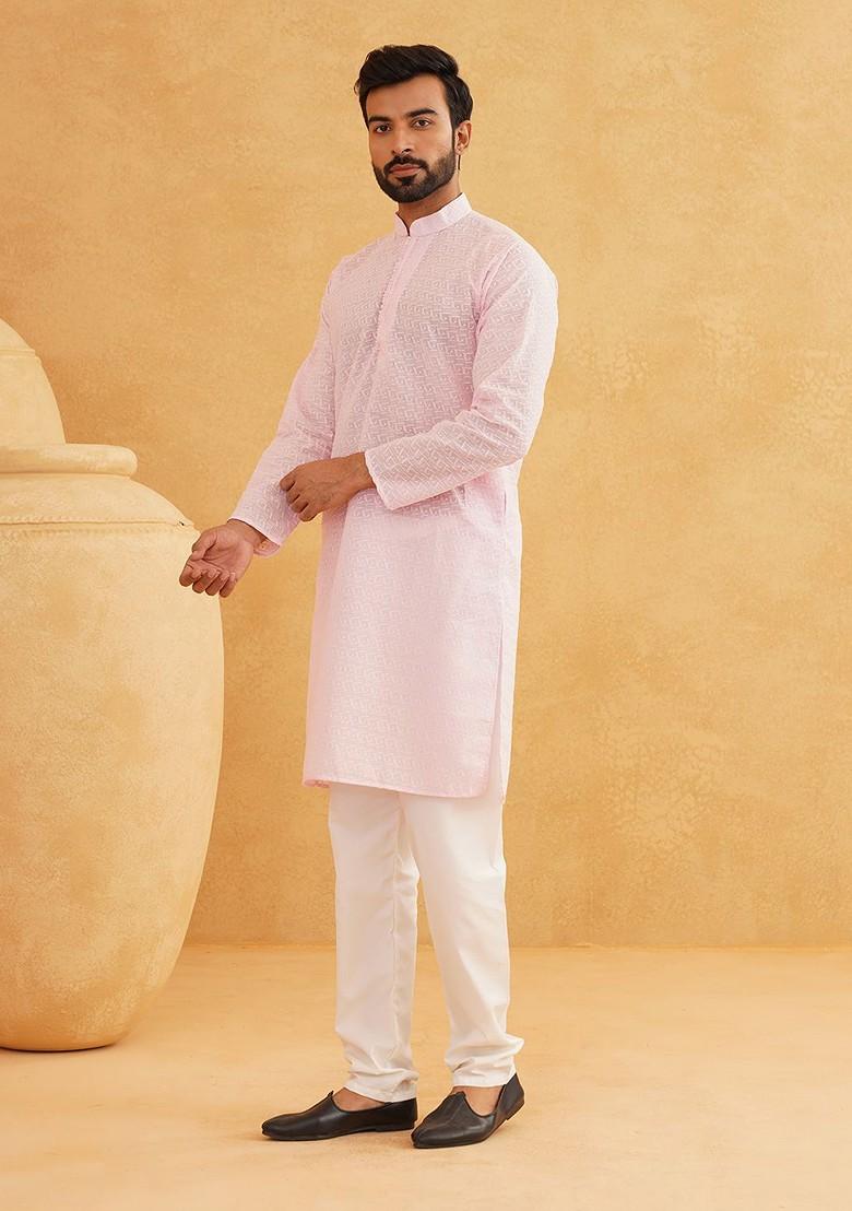 Pink Embroidered Cotton Kurta For Men