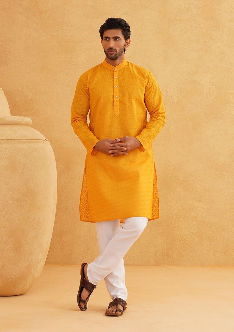 Mustard Embroidered Cotton Kurta For Men