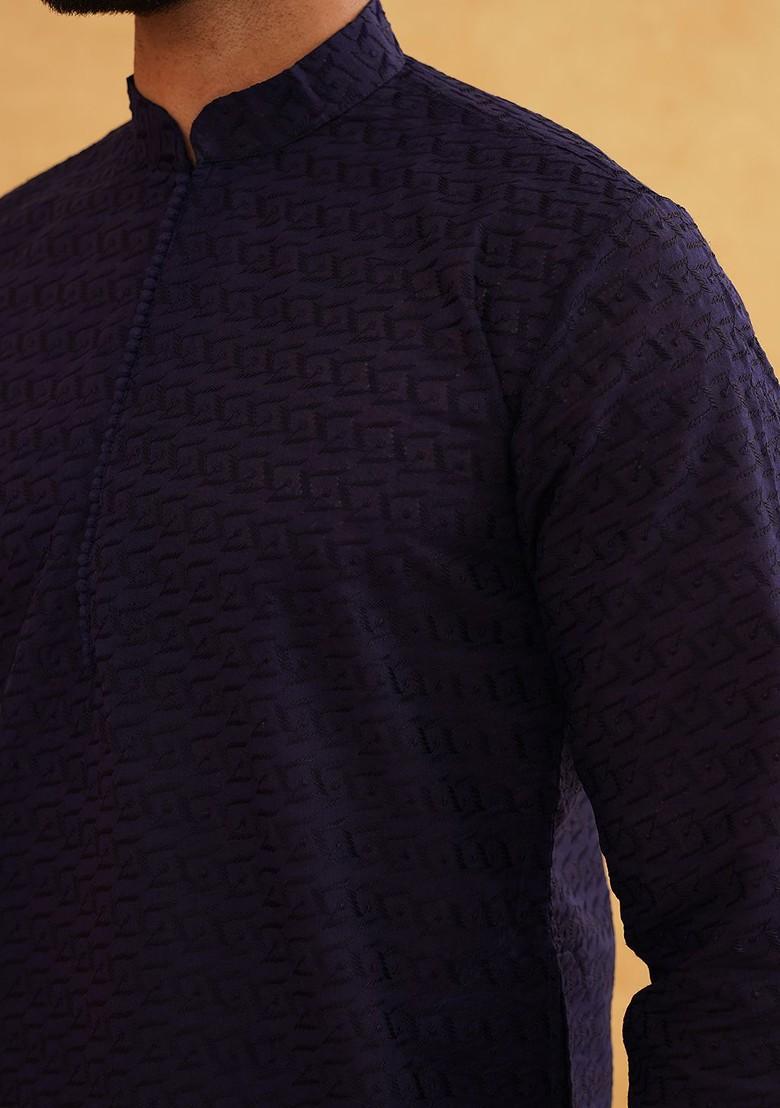 Navy Blue Ethnic Motifs Cotton Kurta For Men