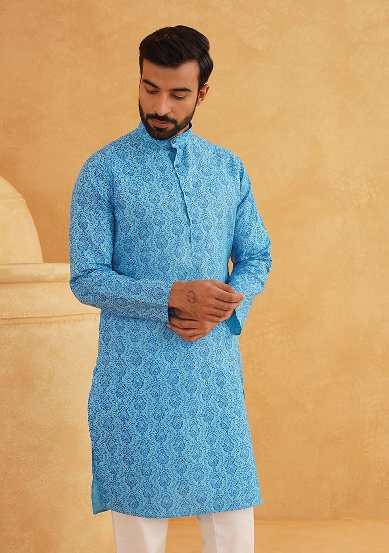 Blue Ethnic Motifs Poly Blend Kurta For Men