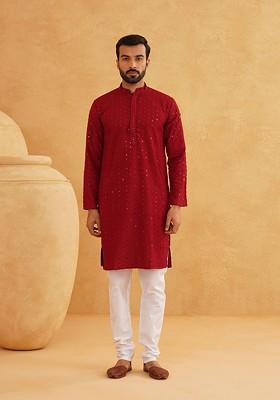 Maroon Embroidered Cotton Kurta For Men