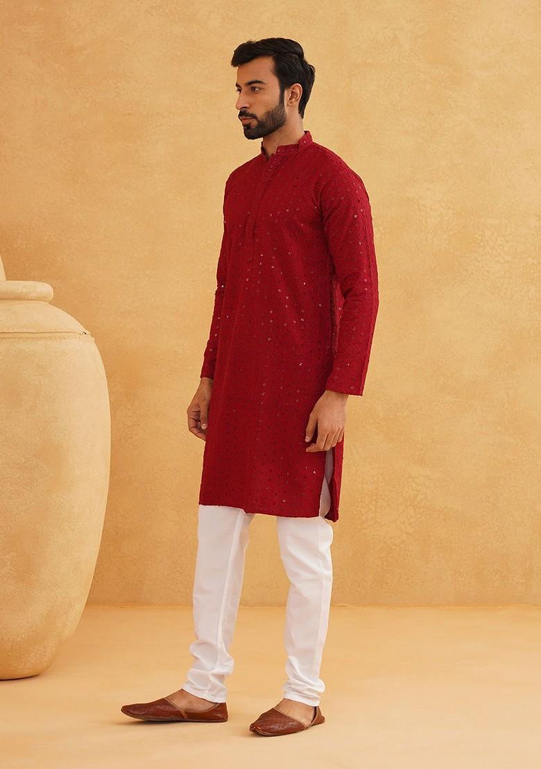 Maroon Embroidered Cotton Kurta For Men