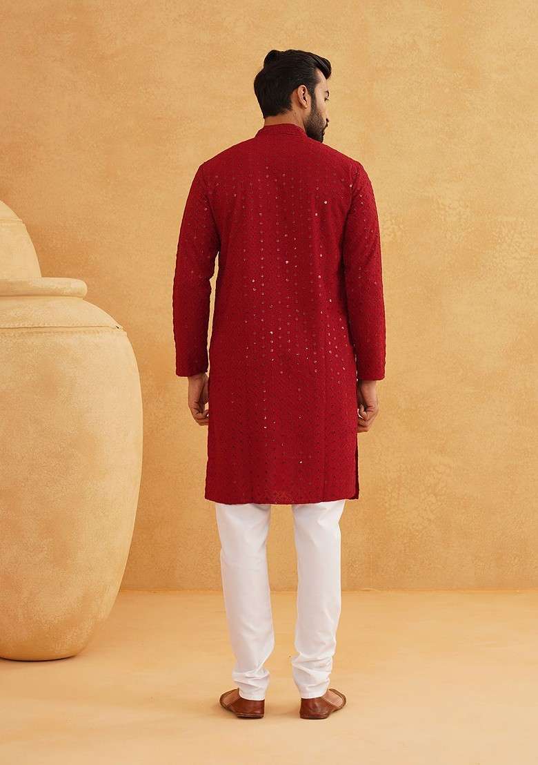 Maroon Embroidered Cotton Kurta For Men - Indya