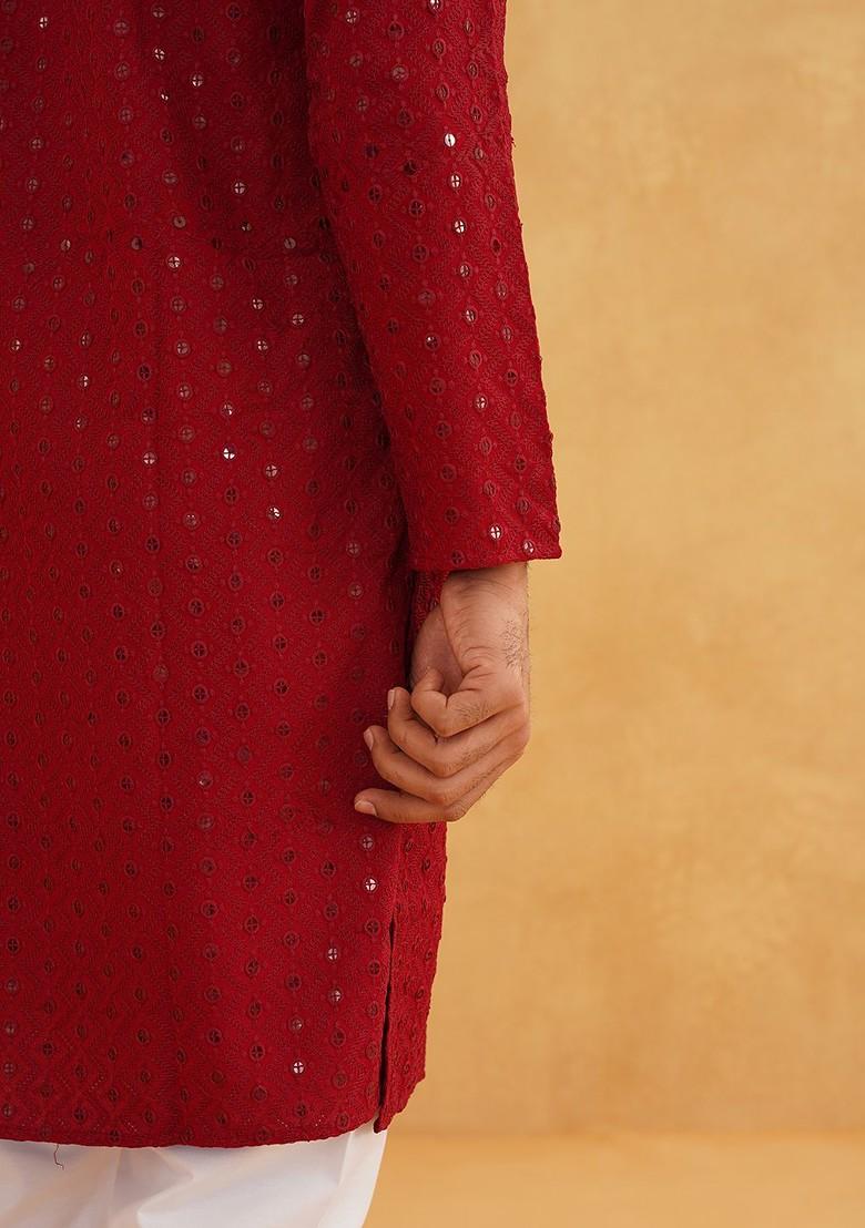 Maroon Embroidered Cotton Kurta For Men