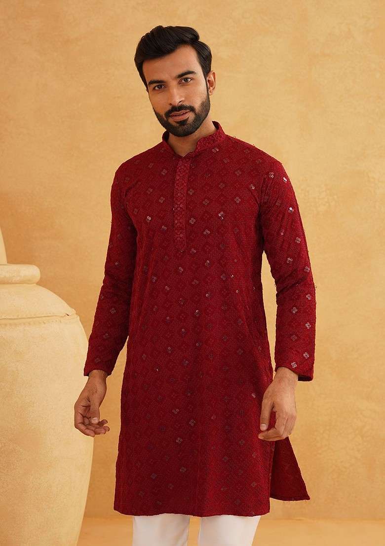 Maroon Embroidered Cotton Kurta For Men - Indya