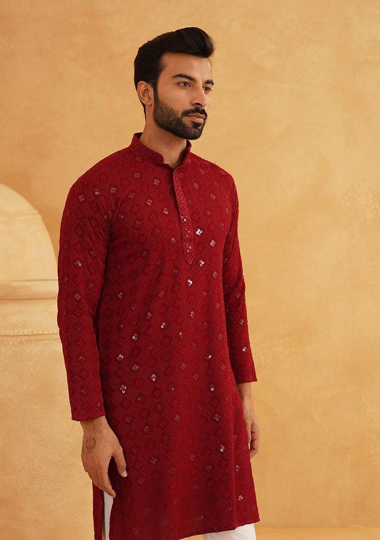 Maroon Embroidered Cotton Kurta For Men