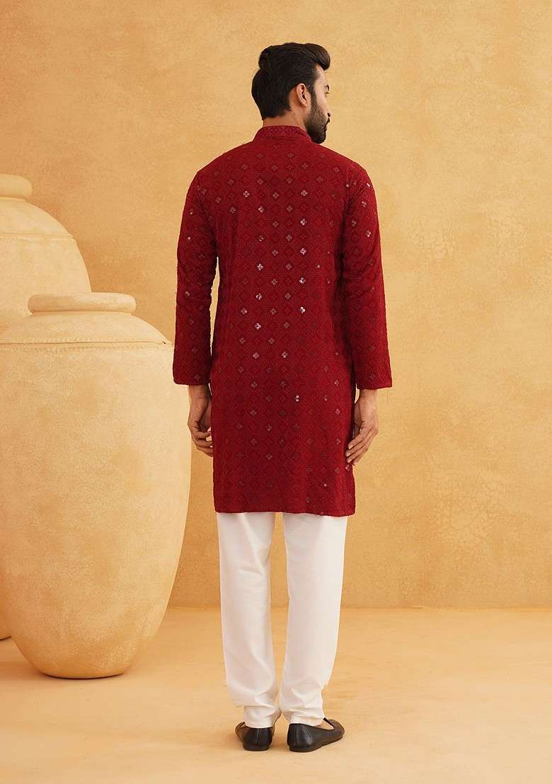 Maroon Embroidered Cotton Kurta For Men - Indya
