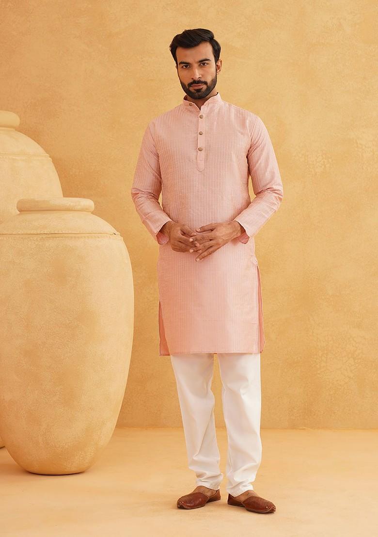 Pink Striped Poly Blend Kurta For Men