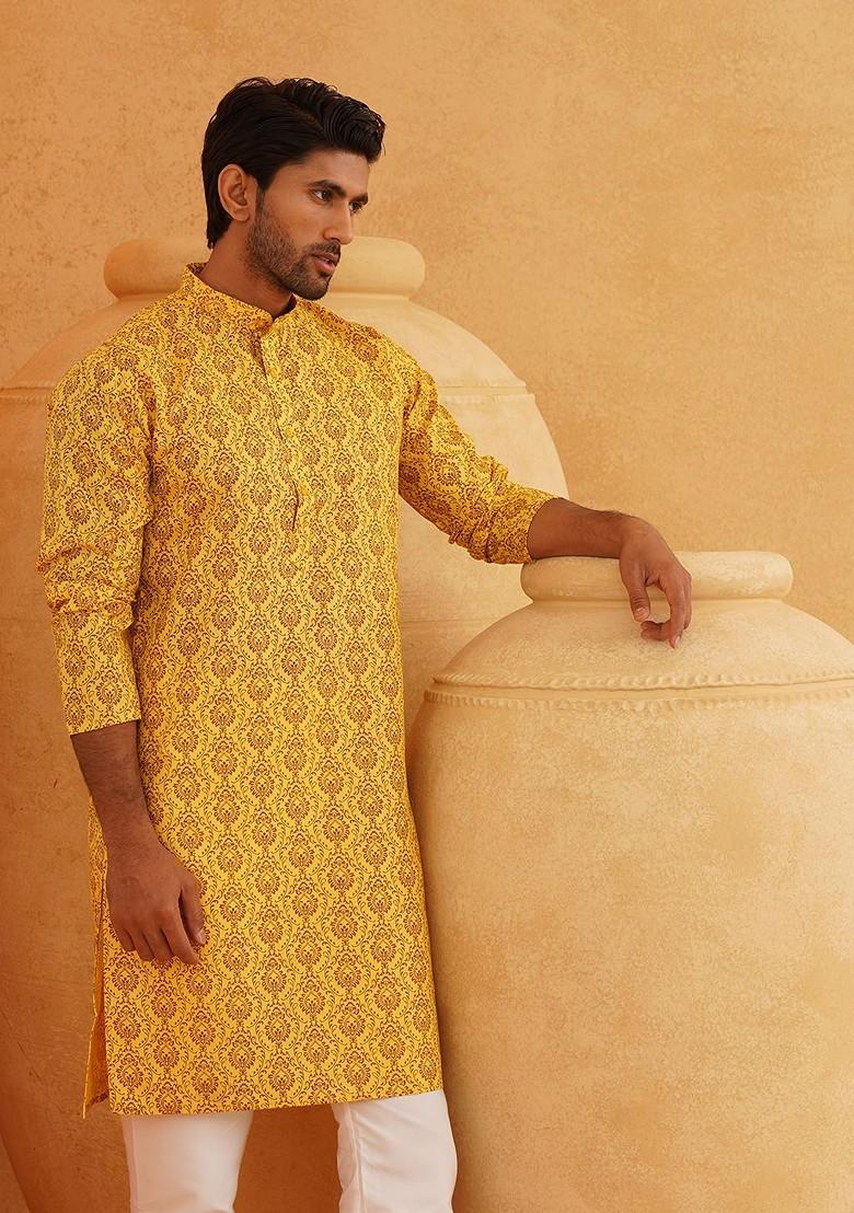 Mustard Ethnic Motifs Poly Blend Kurta For Men