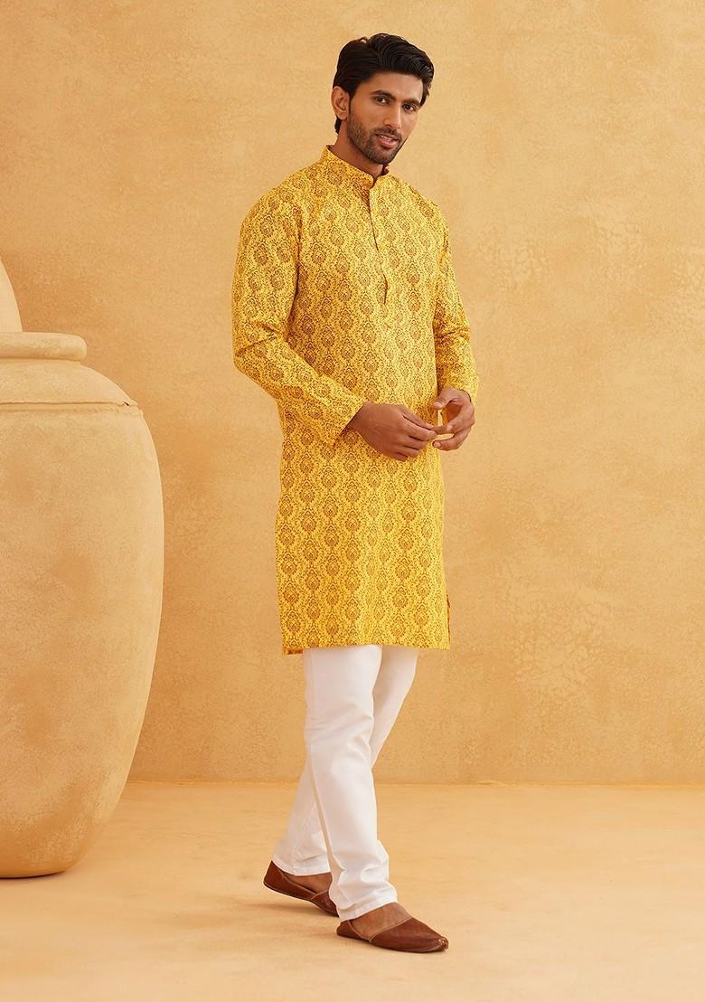 Mustard Ethnic Motifs Poly Blend Kurta For Men