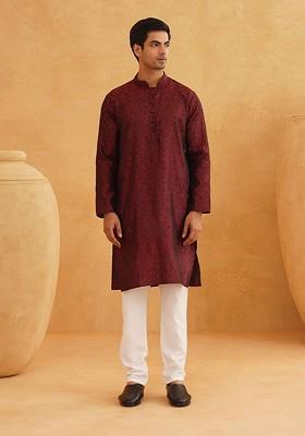 Maroon Woven Poly Blend Kurta For Men