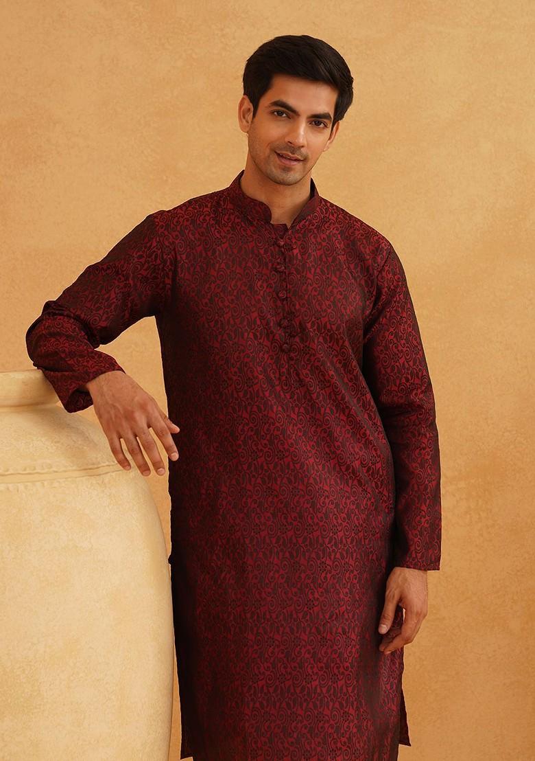 Maroon Woven Poly Blend Kurta For Men