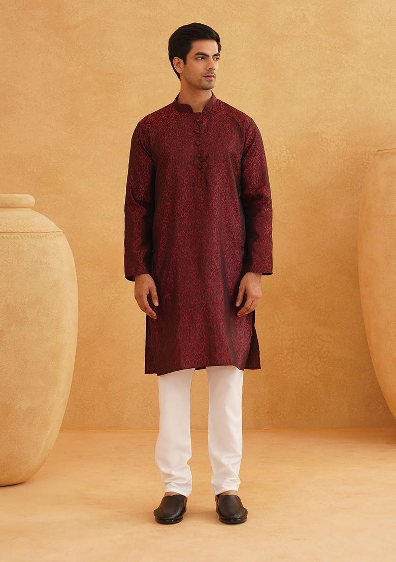 Maroon Woven Poly Blend Kurta For Men