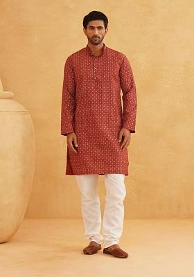 Maroon Ethnic Motifs Poly Blend Kurta For Men
