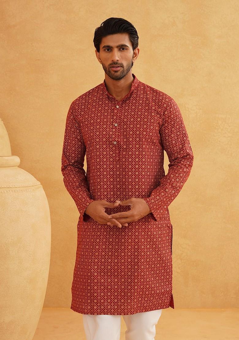 Maroon Ethnic Motifs Poly Blend Kurta For Men