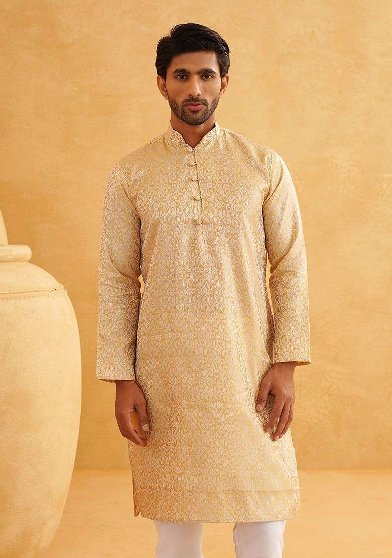 Gold Woven Poly Blend Kurta For Men - Indya