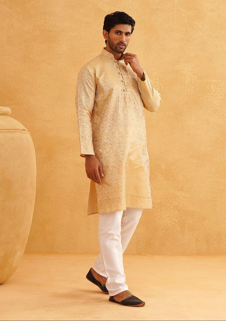 Gold Woven Poly Blend Kurta For Men